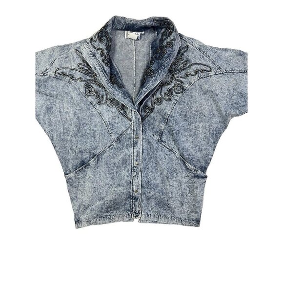 Vtg 80s Acid Washed Embellished Large Jean Jacket Streetwear Fly Oversize USA - Picture 7 of 16